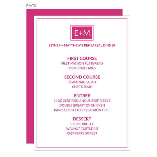 Pink Square Initials Menu Cards